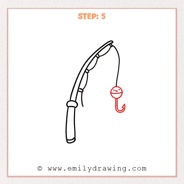 how to draw a fishing pole - Finished fishing pole drawing with a curved rod, hanging line, a round bobber, and a curved hook at the end.